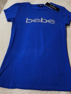 bebe Royal Blue Chucky Crystal Logo Short Sleeve Tee Small New